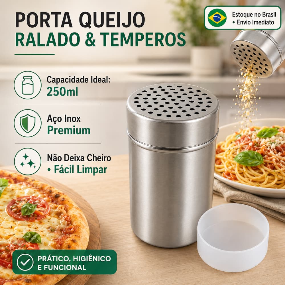 Porta Queijo Ralado Inox 250ml Queijeira Tampa Dosadora Furada Orégano Condimentos Temperos Cozinha