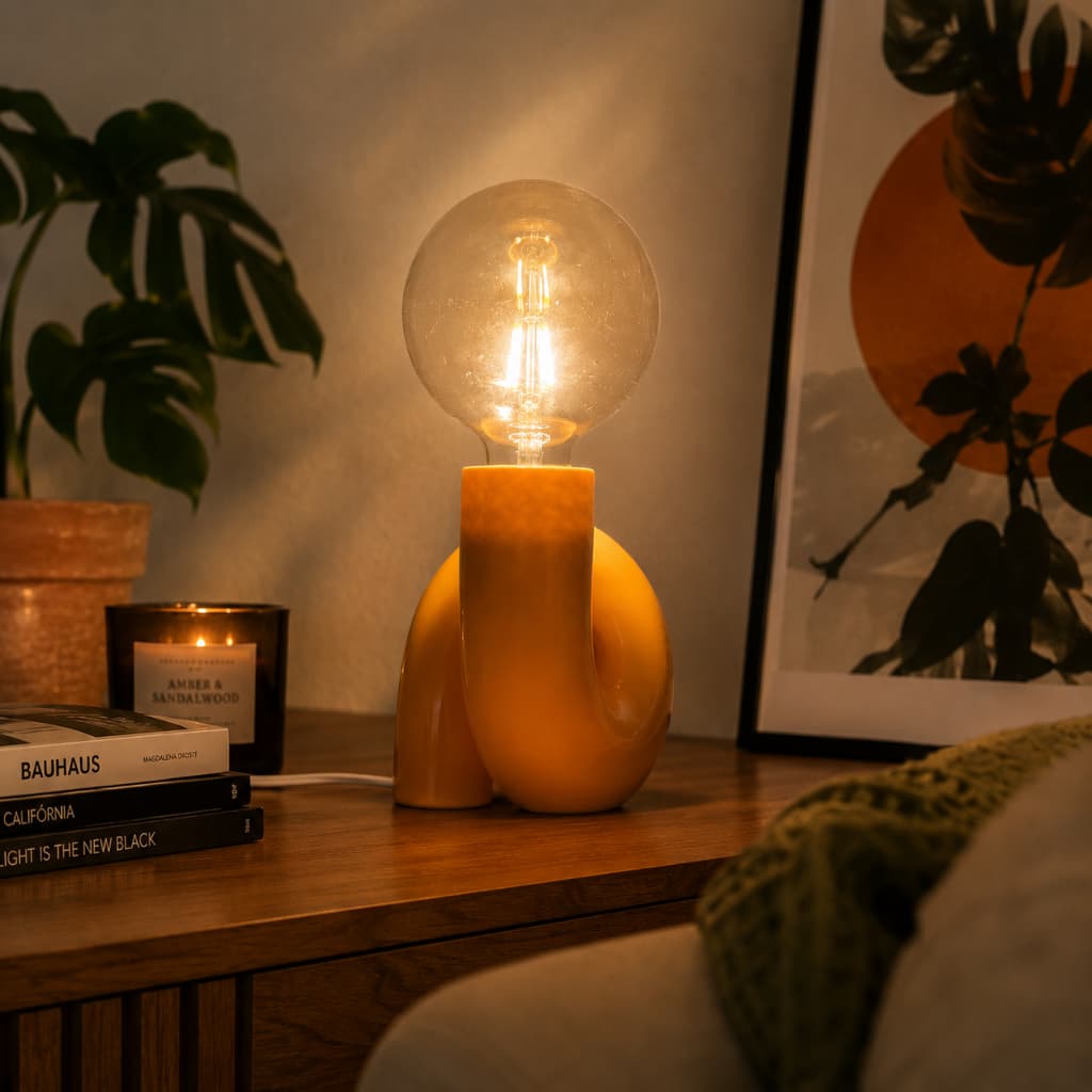 Luminária Decorativa Orbe Âmbar de Mesa | Design Moderno Retrô com Lâmpada Globo