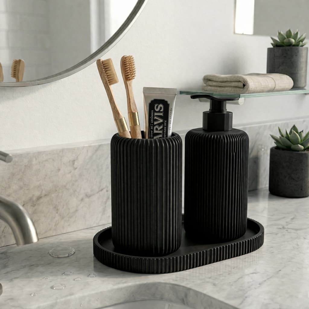 Kit Banheiro Cozinha Elegante Preto Branco 3 Peças Dispenser Sabonete Líquido Porta Escova e Bandeja Decorativa