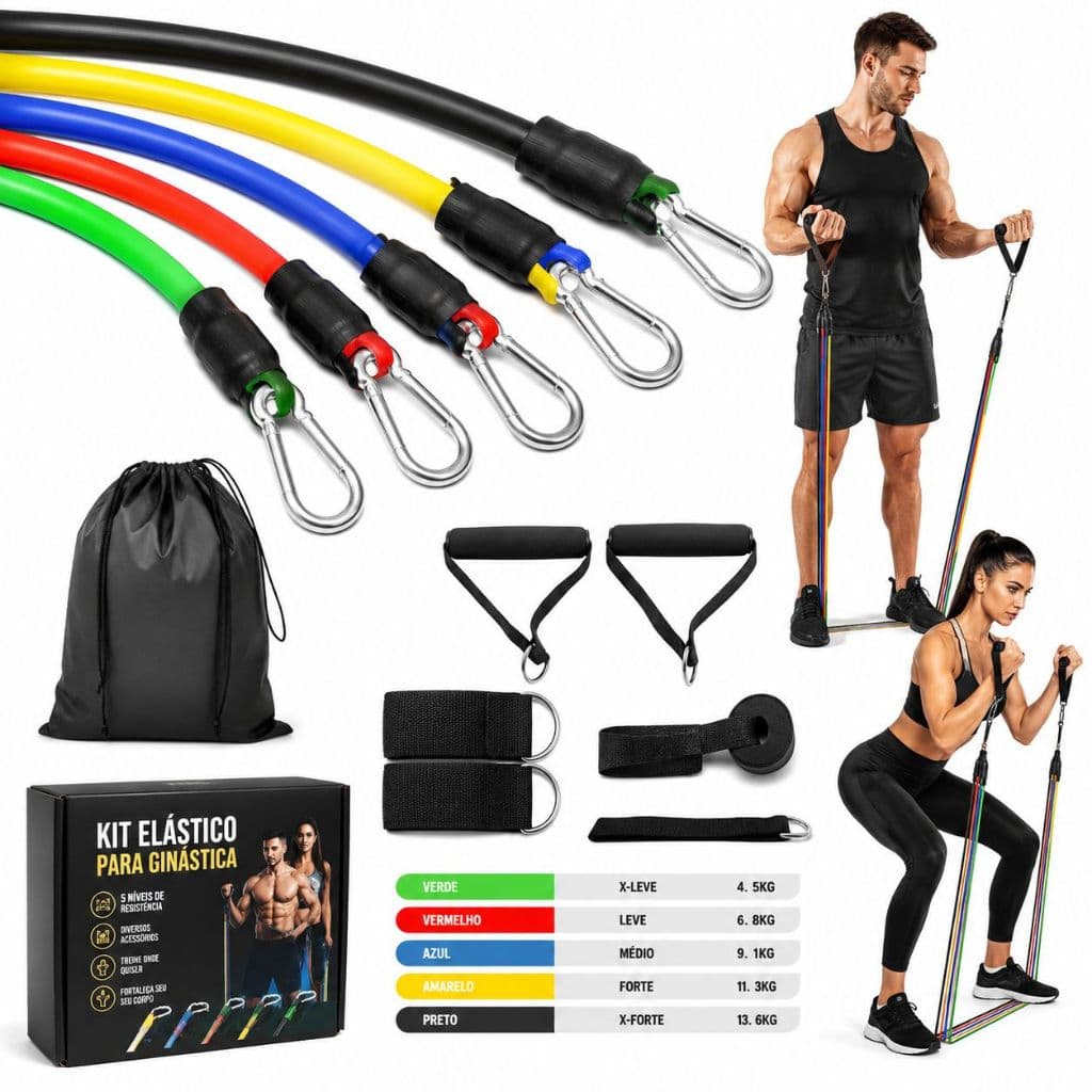 Kit Elastico Extensor completo para Treino em Casa 11 Itens