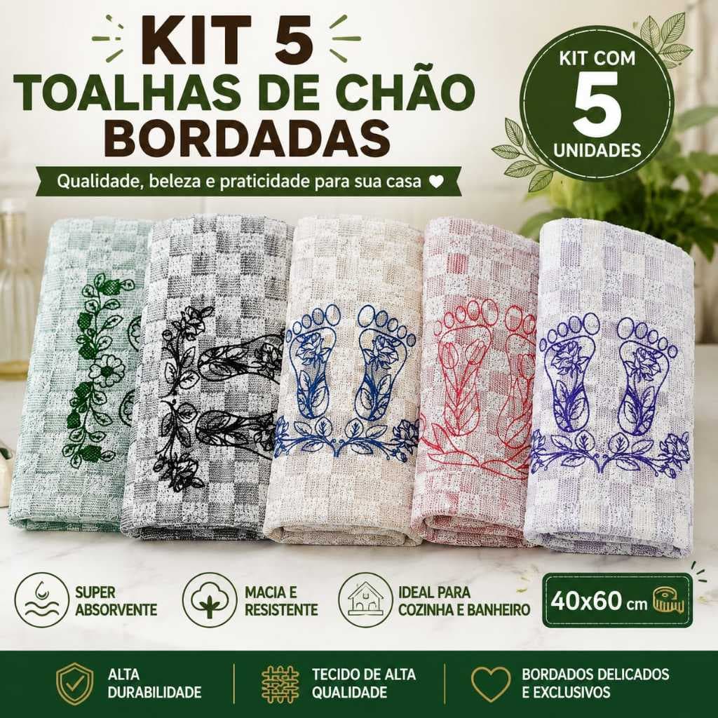 Kit 5 Toalhas De Piso Bordadas Premium 40x60 Cozinha Banheiro Alta Qualidade