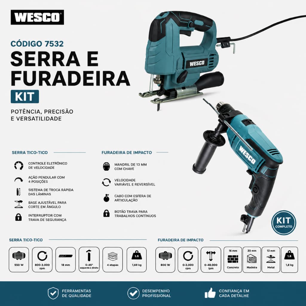 Kit Serra Tico Tico + Furadeira de Impacto Wesco 7532 Profissional 1350W