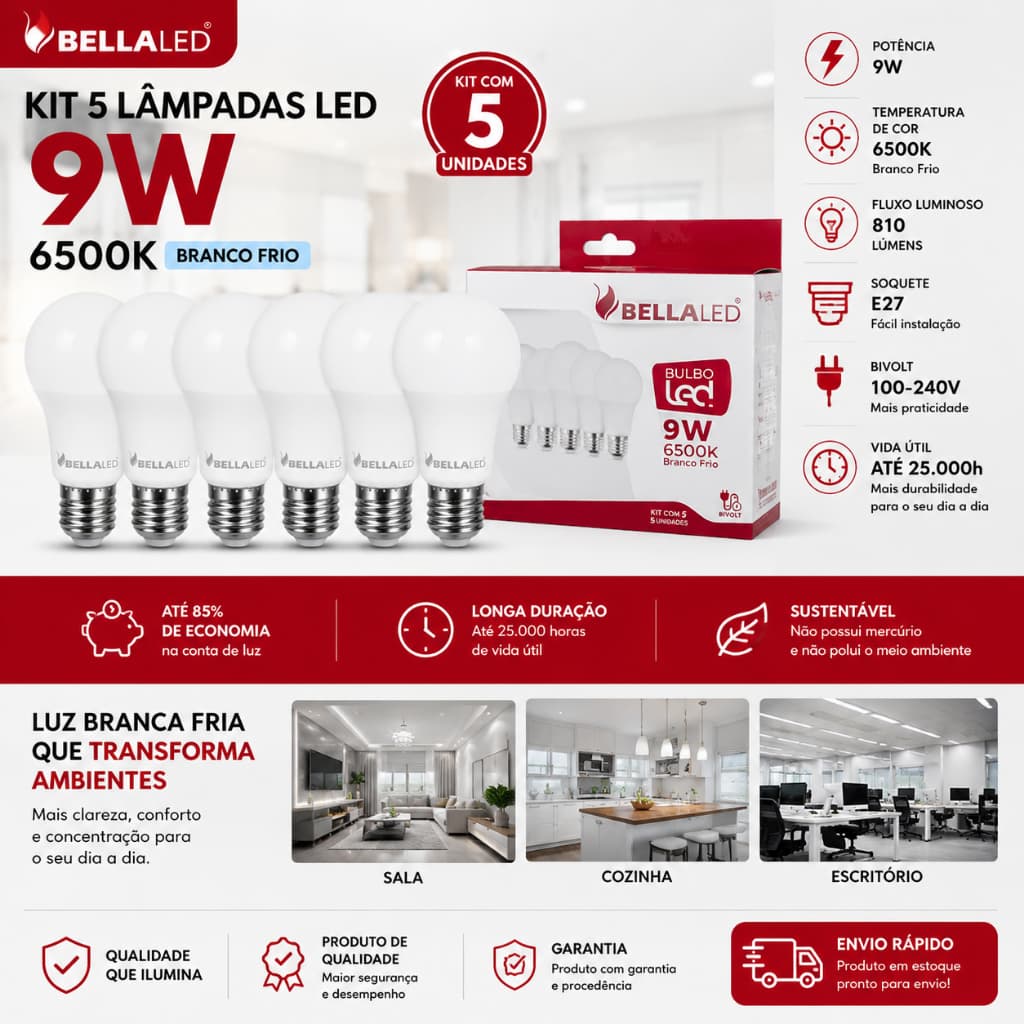 Kit 5 lampadas bulbo bellaled 9w 6500k branco frio E27