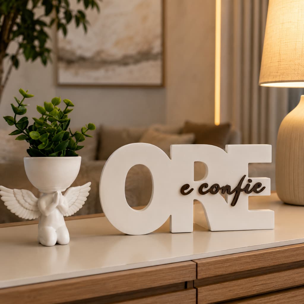 Kit Decorativo ORE e Confie + Vaso Anjinho | Decoração Moderna e Religiosa para Sala, Quarto e Escritório