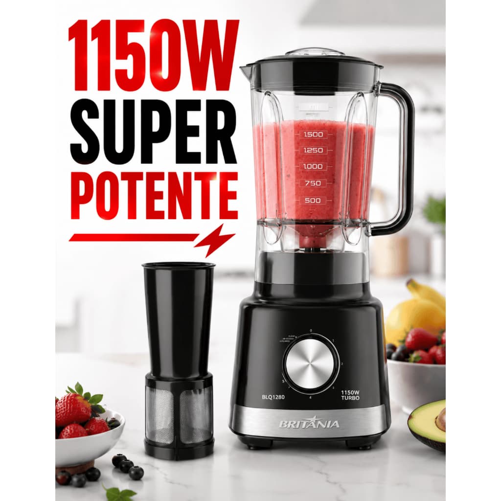 Liquidificador Britânia 1150W 2,7L Turbo 4 Lâminas Inox Preto 127V Potente Cozinha Triturador Sucos