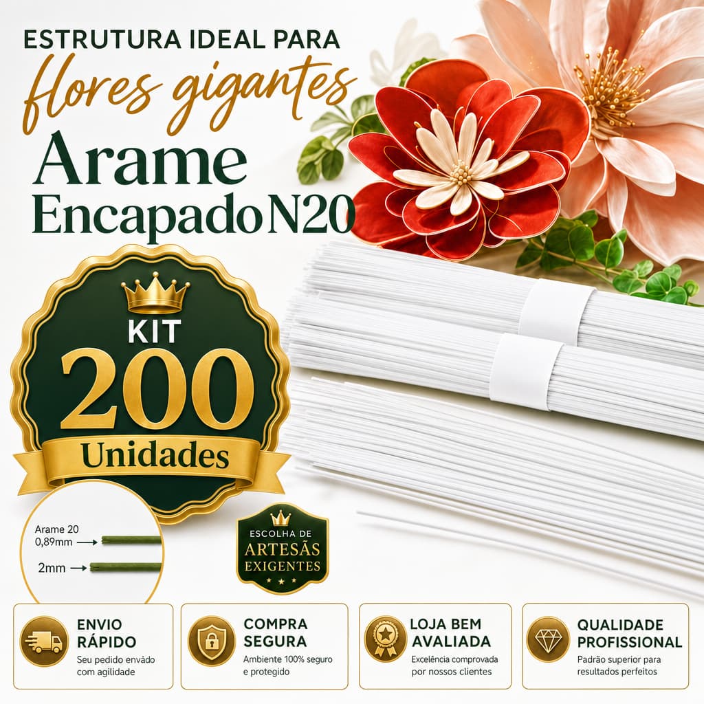 200 Un Arame Floral Encapado N.20 40cm - Flores Artesanatos Organzas arame para flores gigantes borboletas