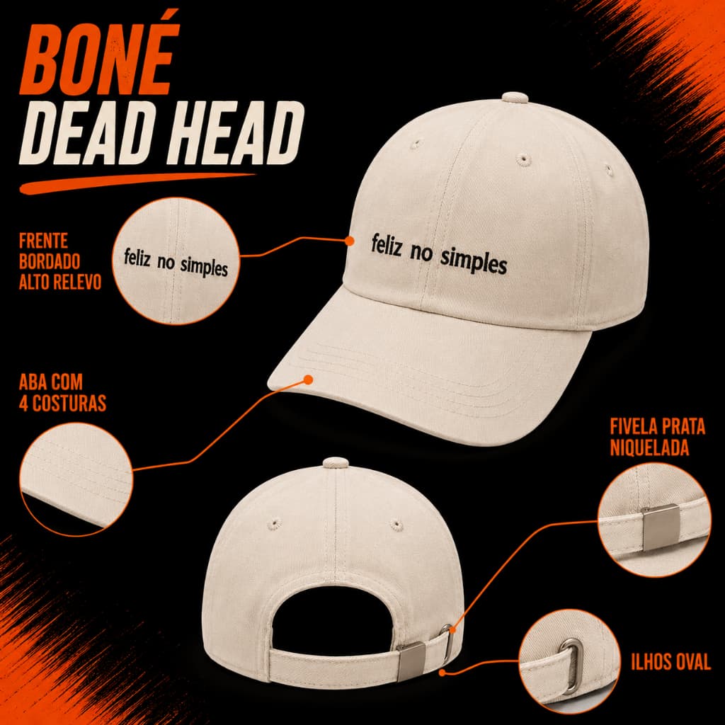 BONÉ DEAD HEAD FITÃO ABA CURVA ESCRITA FELIZ NO SIMPLES AJUSTÁVEL MASCULINO FEMININO CASUAL STREETWEAR PREMIUM CONFORTÁV