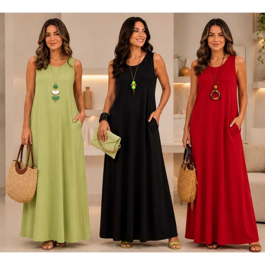 Vestido Feminino Básico  Longo com  Bolsos Laterais 506