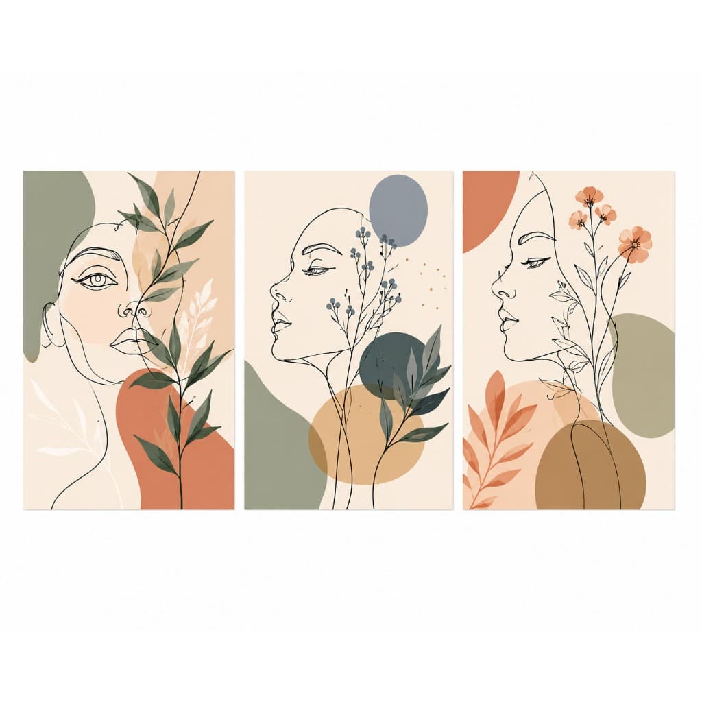 Kit 3 Quadros Decorativos Rosto Feminino Minimalista para Clínica de Estética