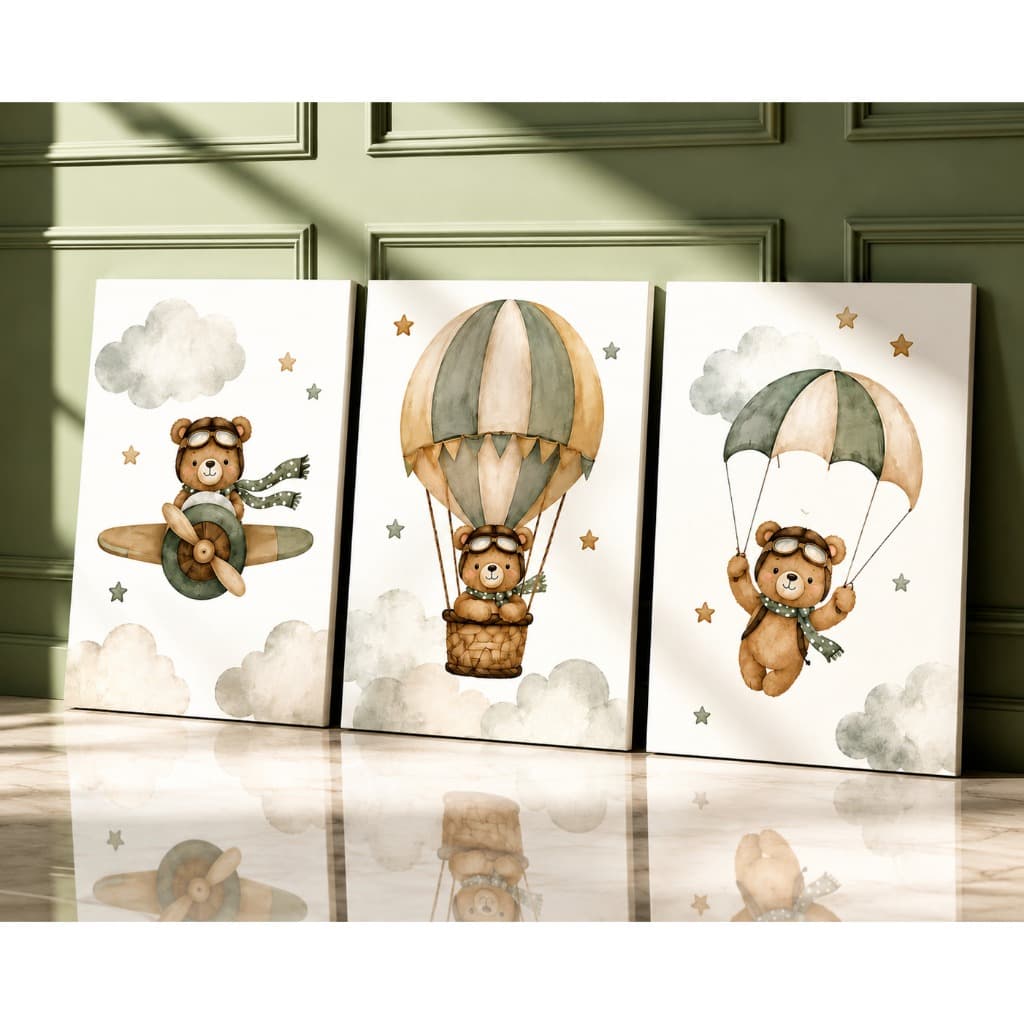 Kit 3 Quadros Ursinho Aviador Baby – Decoração Quarto de Bebê Infantil