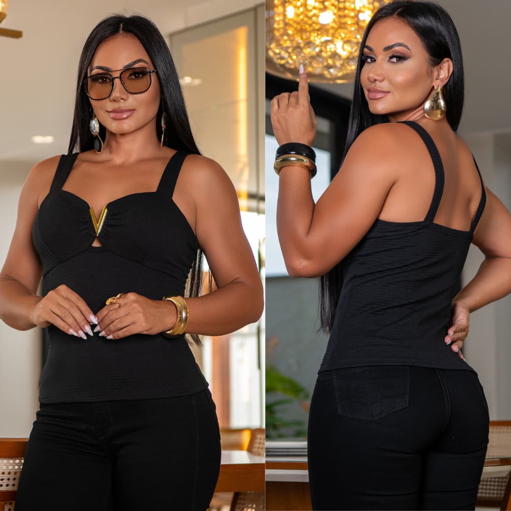 Blusa Feminina Estilosa Elegante Premium Bojo Detalhe V Regata Alça Larga Moda Verão Lisa Moderna