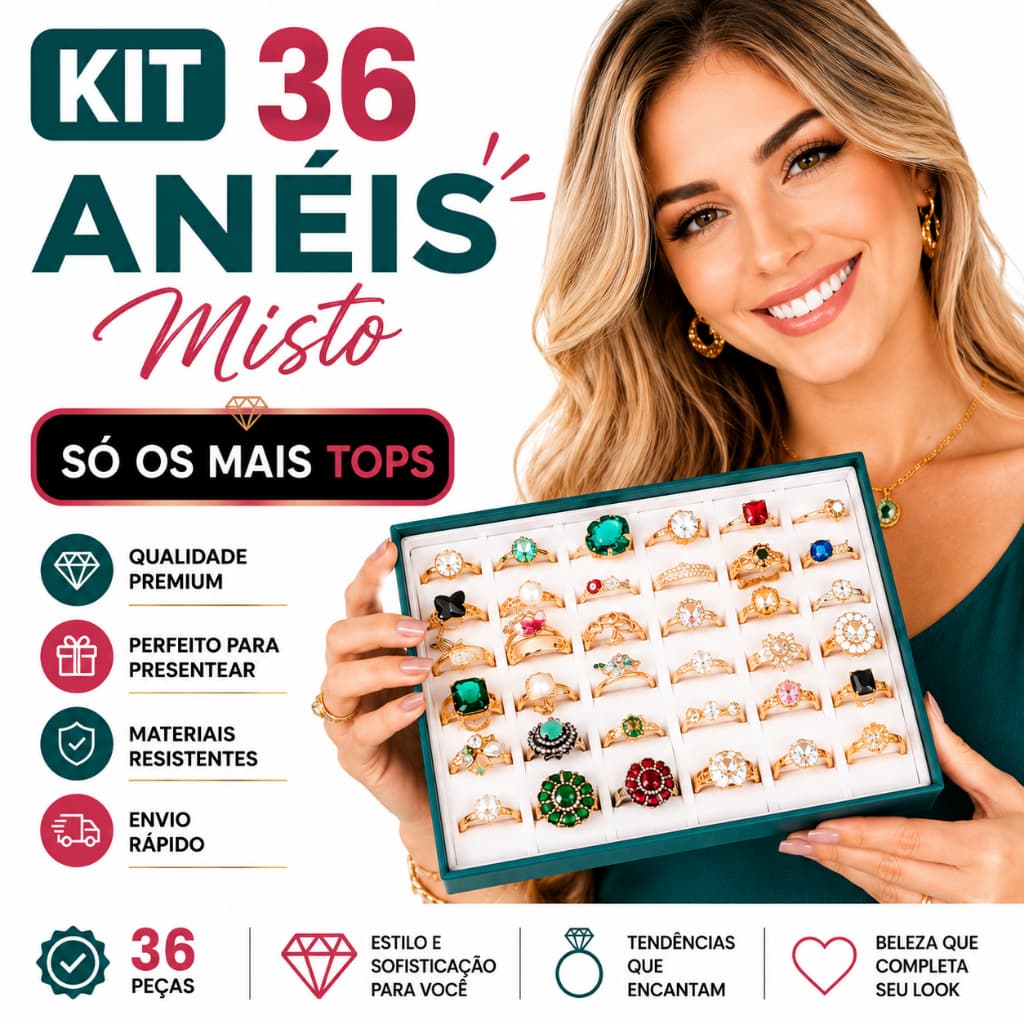 Aneis Para Revendas Caixa Com 36 PCS Banhado A Ouro 18k e Prata 925 Ou Caixinha de Anéis Mistos
