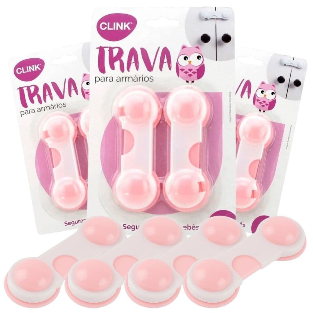 Kit 6 Trava Fecho Para Gaveta Rosa Armário Protetor Segurança Bebê Criança Multiuso De Plástico