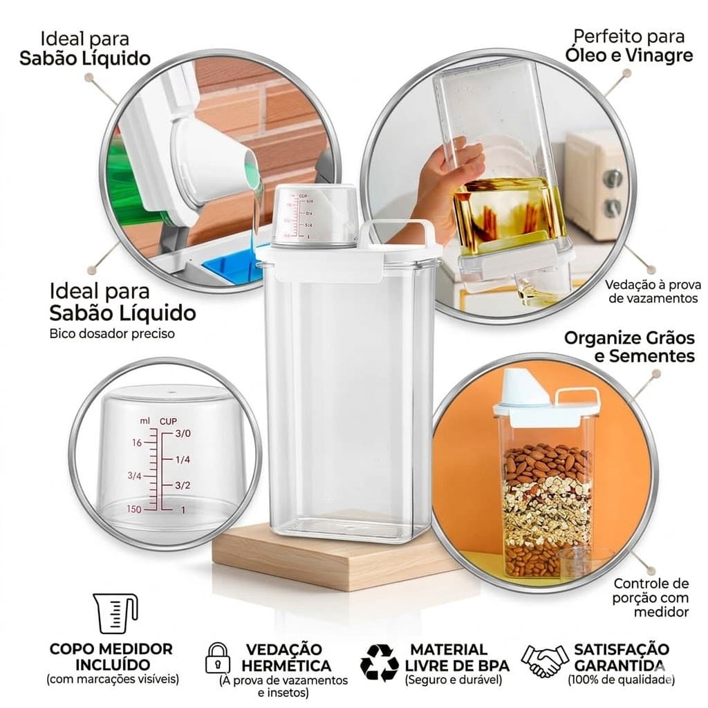 Pote Hermético Com Medidor Dosador e Alça 2300ml/1800ml/1100ml Porta Mantimentos Organização Cozinha