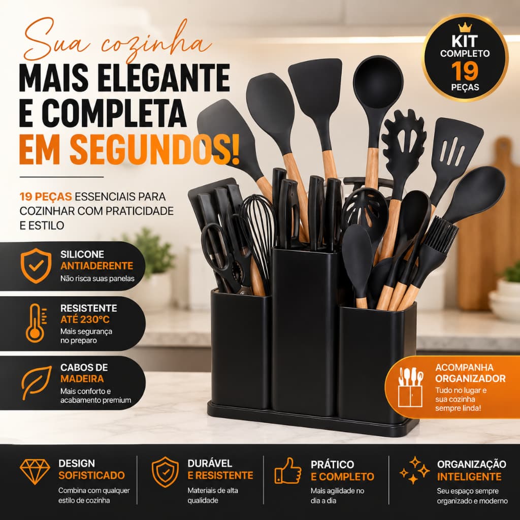 Kit Utensílios de Cozinha Silicone 19 Peças Antiaderente Cabo Madeira Preto