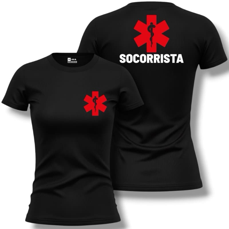 Camiseta T-Shirt SOCORRISTA EMERGÊNCIA Uniforme Dry Fit Feminina Profissão Trabalho Baby Look