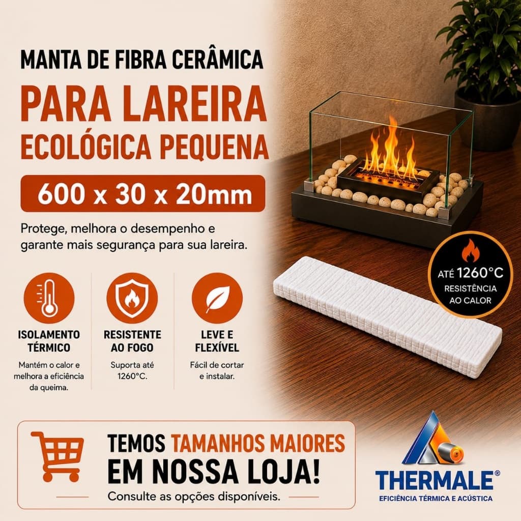 Manta lareira pequena 60X3X2cm - Lareira ecológica de alta performance, suporta 1260º.