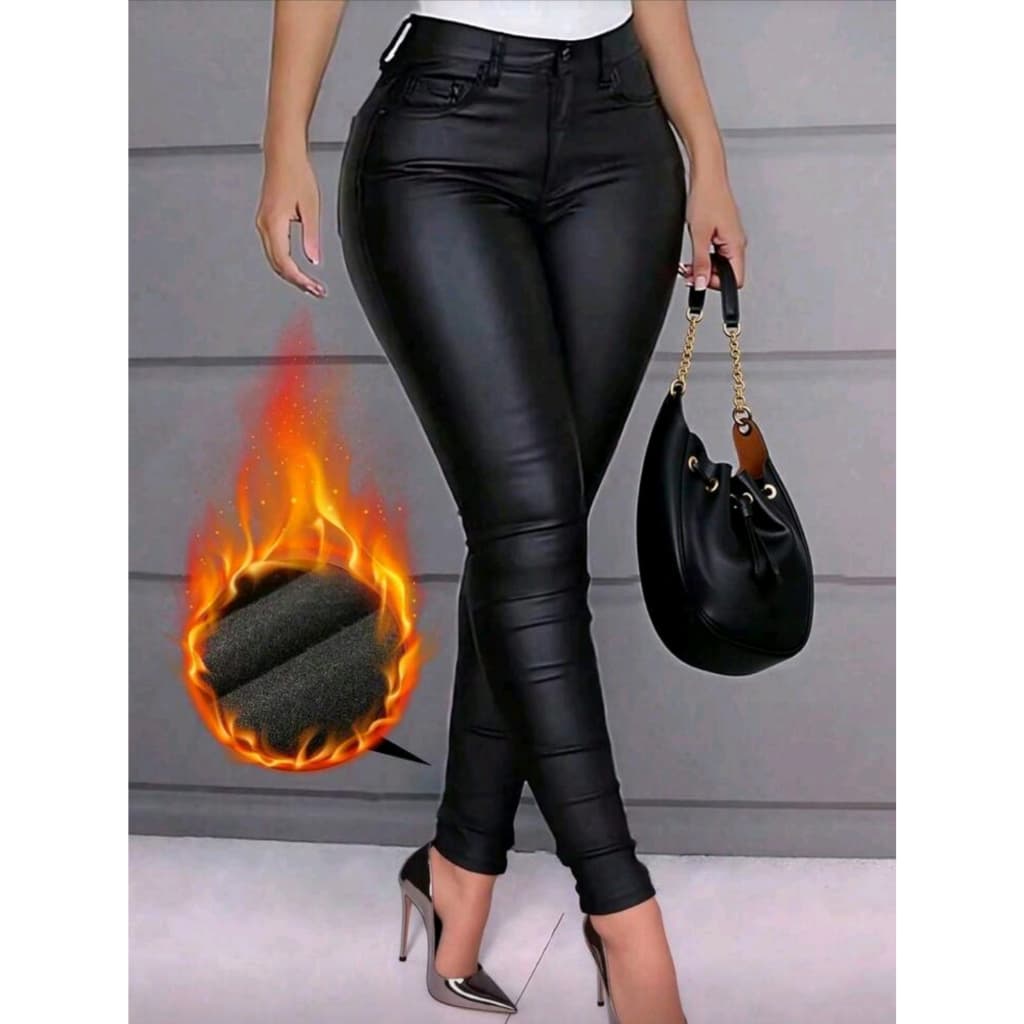 Calça Feminina Skinny Encerada Peluciada Plus Size 46/48 Cintura Alta Efeito Couro Inverno