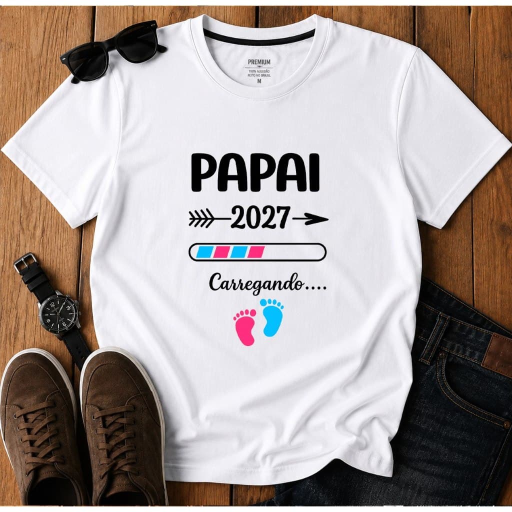 Camiseta Unissex Papai/Mamãe 2027 | Titia/Titio | Vovô/Vovó 2027 Rosa e Azul – Chá Revelação