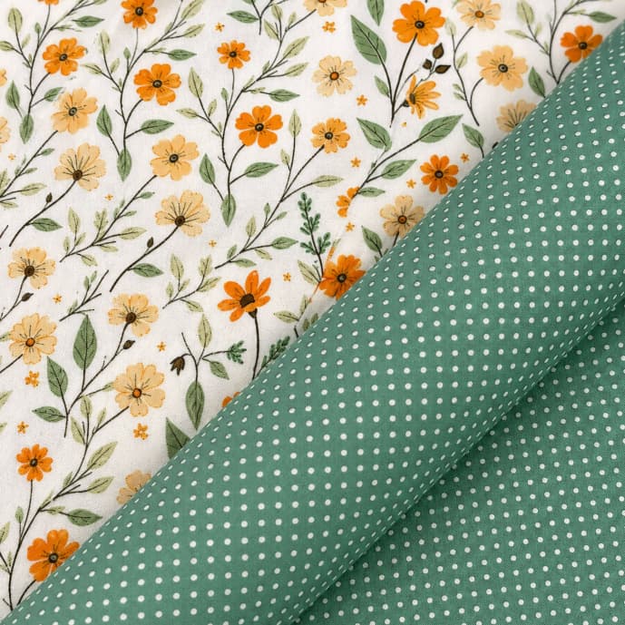 TRICOLINE DIGITAL FLORAL Raminhos Laranja e Amarelo com Poa Verde -  Kit Compose 2 Cortes Meio metro de Cada 0,50x1,50m
