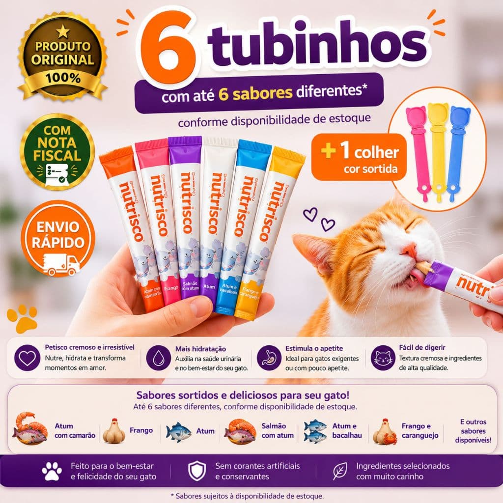 Snack Cremoso Gato Nutrisco 6 Unidades + Colher Espremedora | Tipo Churu Petisco para Gatos
