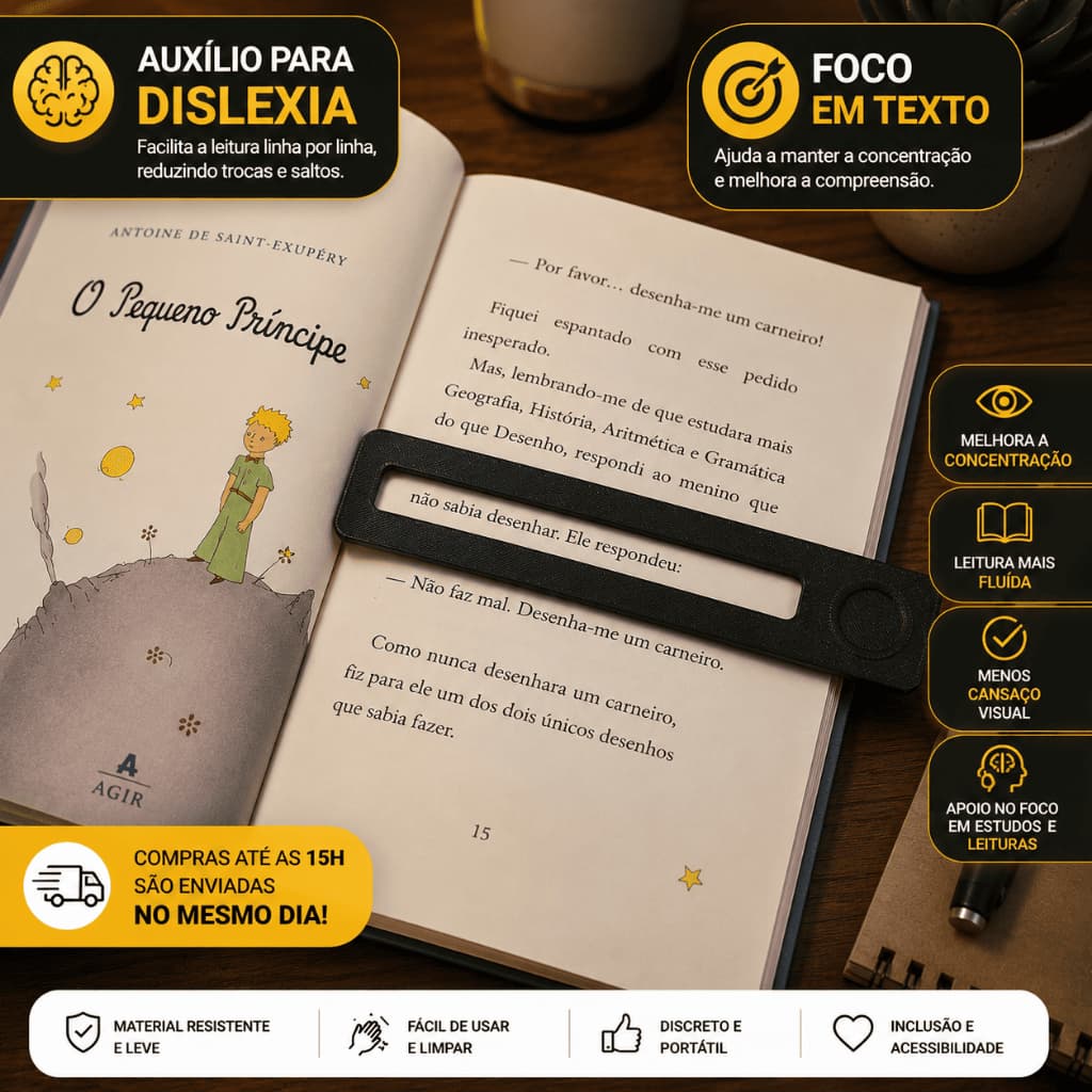 Régua de Leitura – Auxílio para Dislexia e Foco em Texto / Marcador de Livro