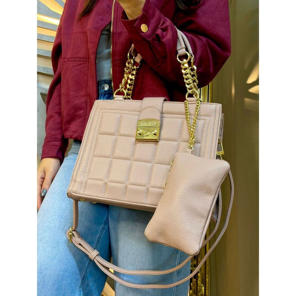 Bolsa Feminina Rosa Amora Estruturada Alça de Mão e Transversal Elegante