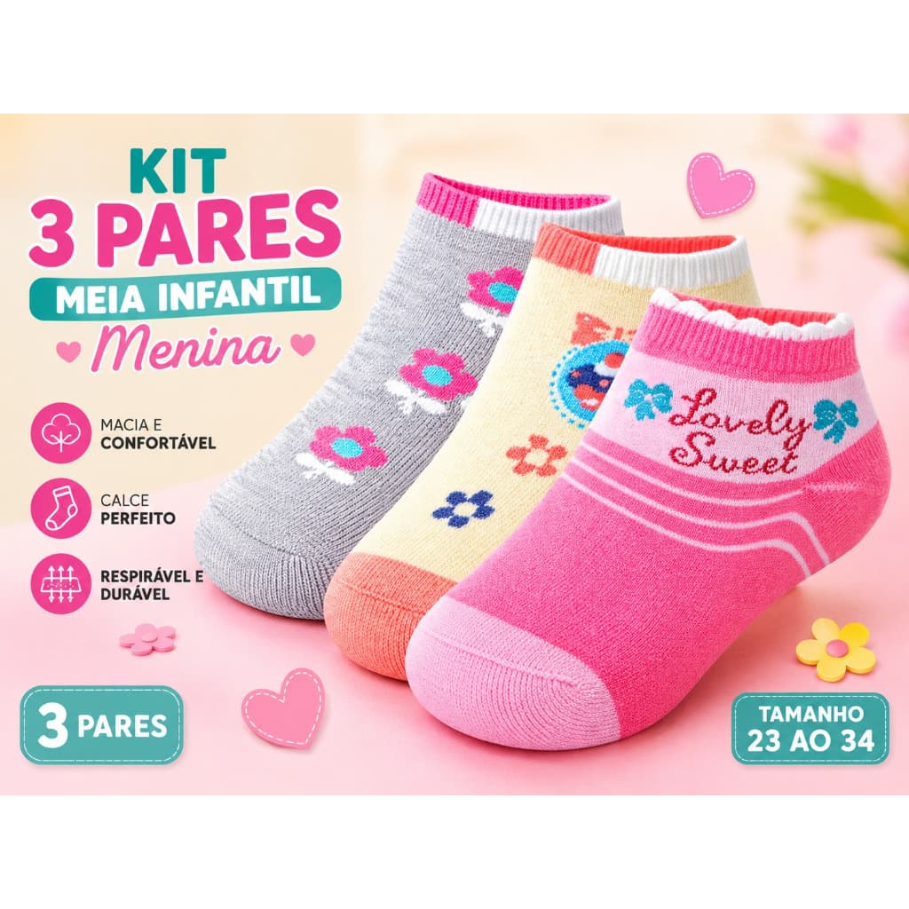 Kit 3 - 9 Pares Meia Cano Curto Infantil Algodão Soquete 15 A 19 Dia a Dia