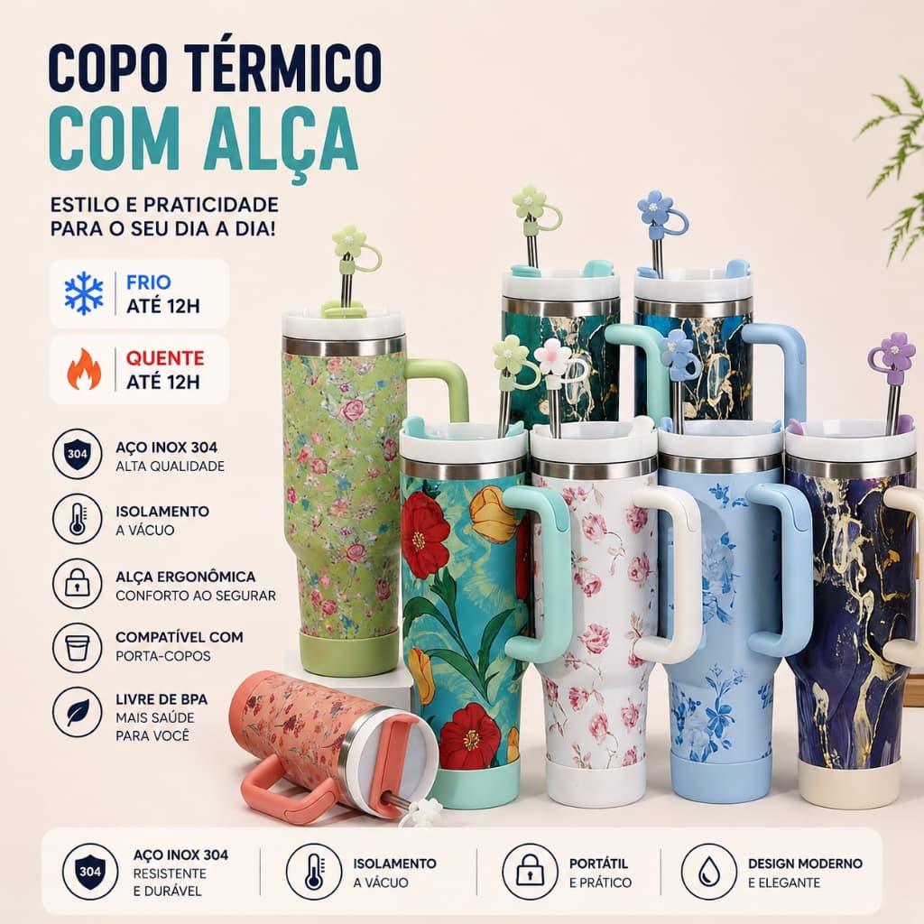 Garrafa Térmica Inox 304 Floral 1200ML 12h Quente e Frio Canudo Inox Antiderrapante Protetor Antipó Café Água Suco