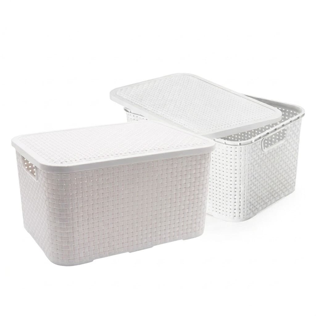 Kit 2 Caixas Cesto Rattan Organizadora c/ Tampa Multiuso