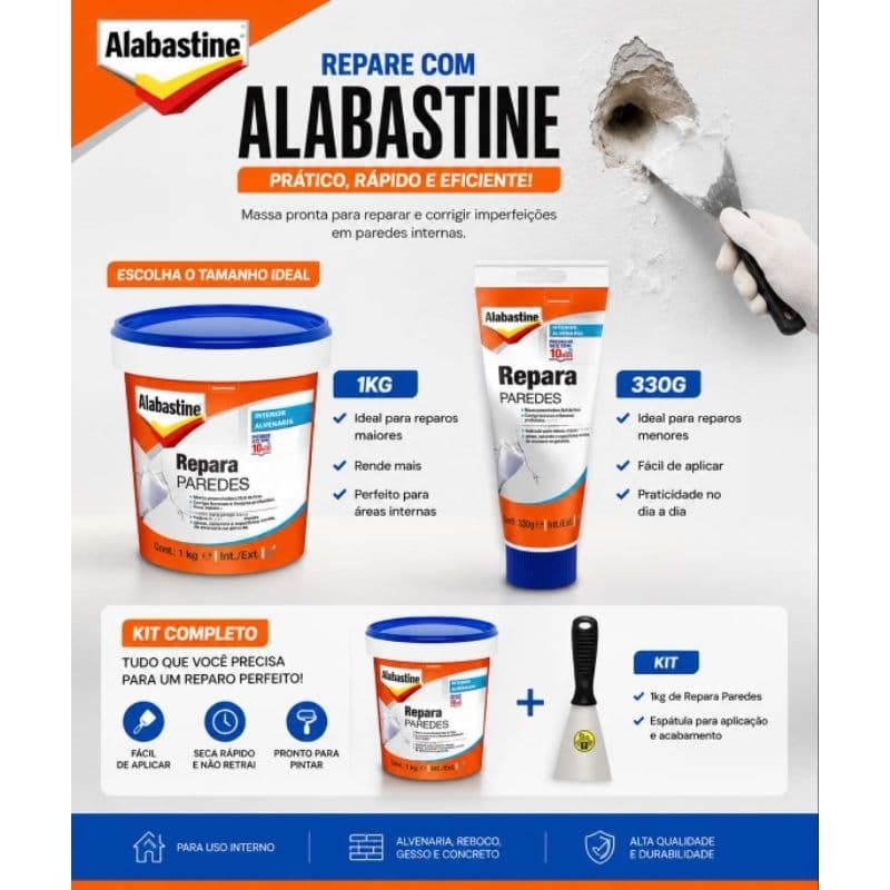Repara Paredes Massa Tapa Furos Preenchedora 330g e 1kg Alabastine