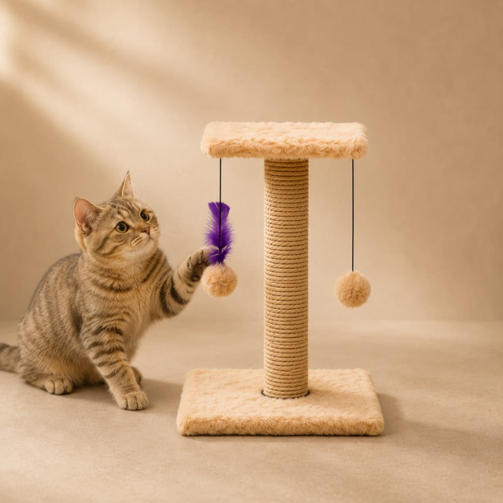 Arranhador Para Gatos Pet Poste Sisal Brinquedo Com Bolinha Pena Base Dupla Diversas Cores
