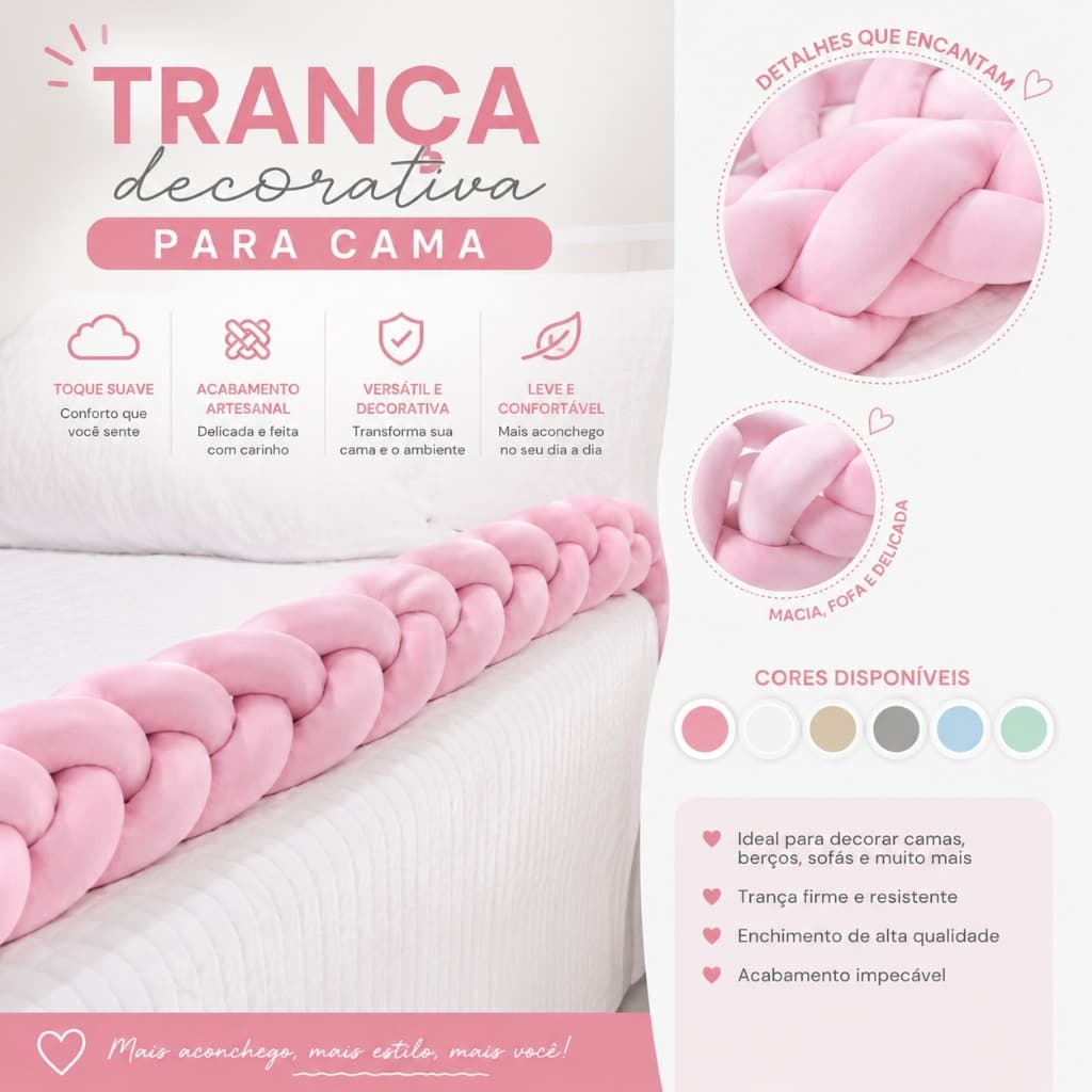 Trança Decorativa Premium em Malha com Silicone – Peseira de Cama e Decoração para Berço