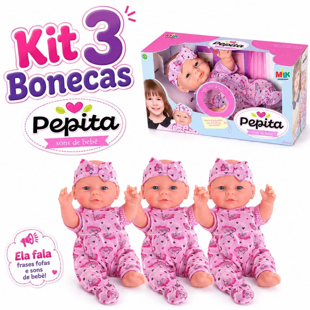 Kit Bonecas Pepita Faz Sons De Bebe Brinquedo Boneca Tipo Boneca Reborn Boneca que Chora e Fala