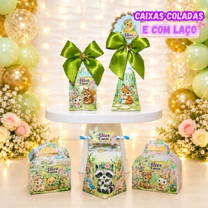 Kit Festa Bosque Encantado Luxo Personalizado | Caixa Milk Pirâmide Maletinha | Festa Menina