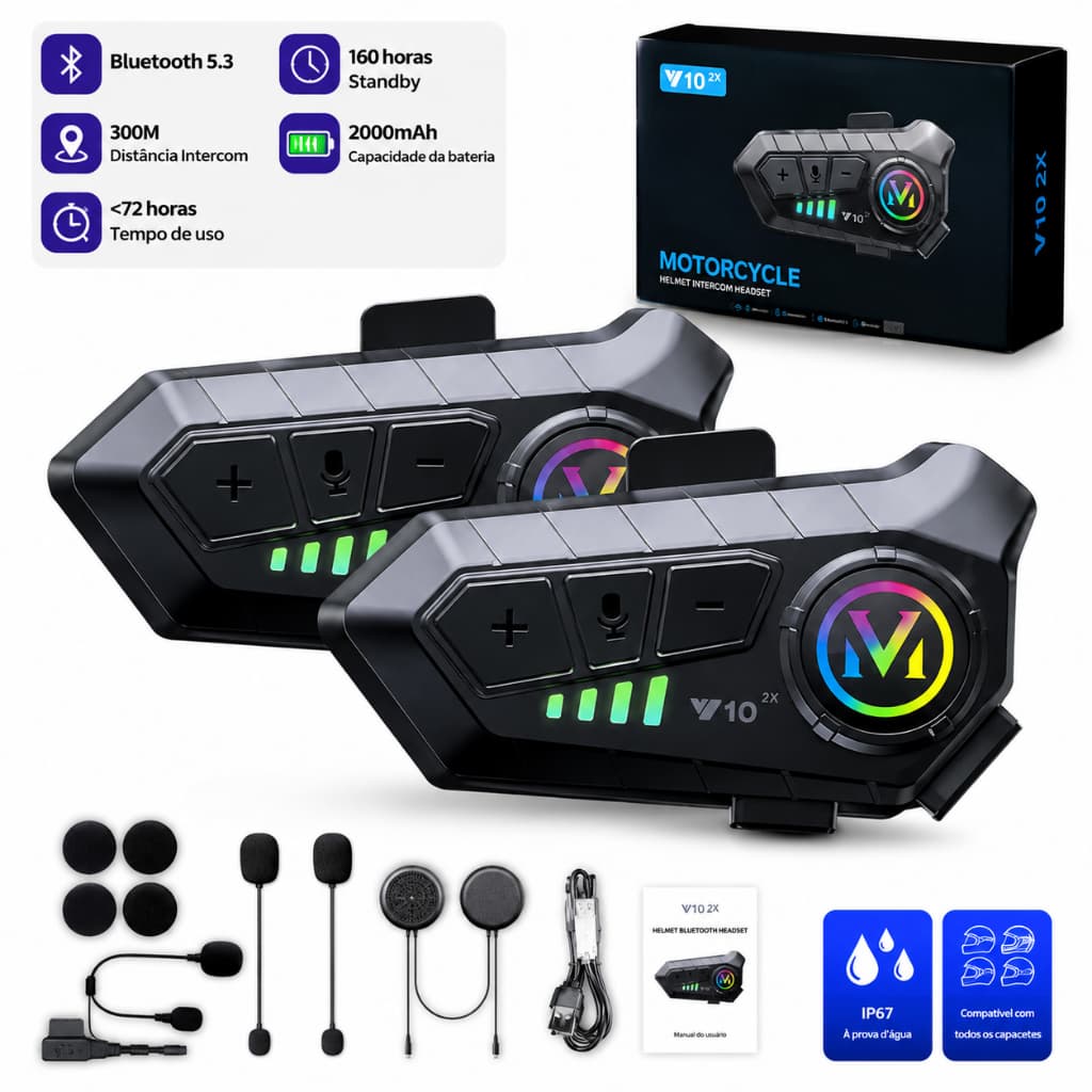 Fone Bluetooth para Capacete Moto com Microfone | Intercomunicador Controle de Voz Hands Free
