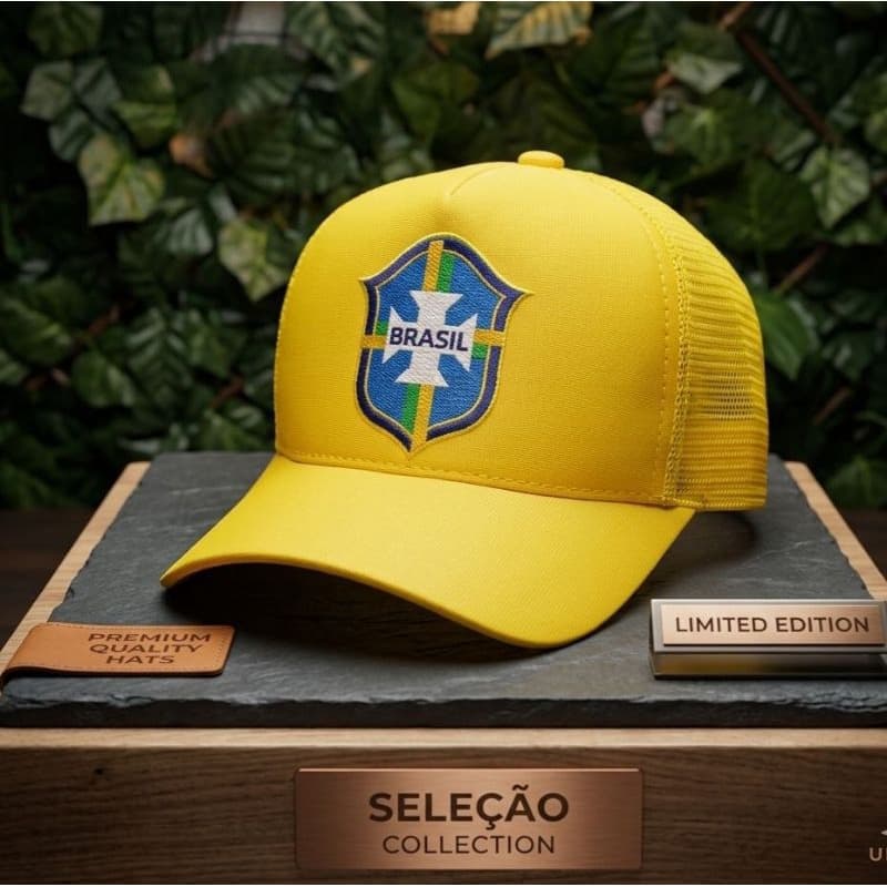 Boné Brasil Amarelo – Trucker Americano | Brasão Copa do Mundo