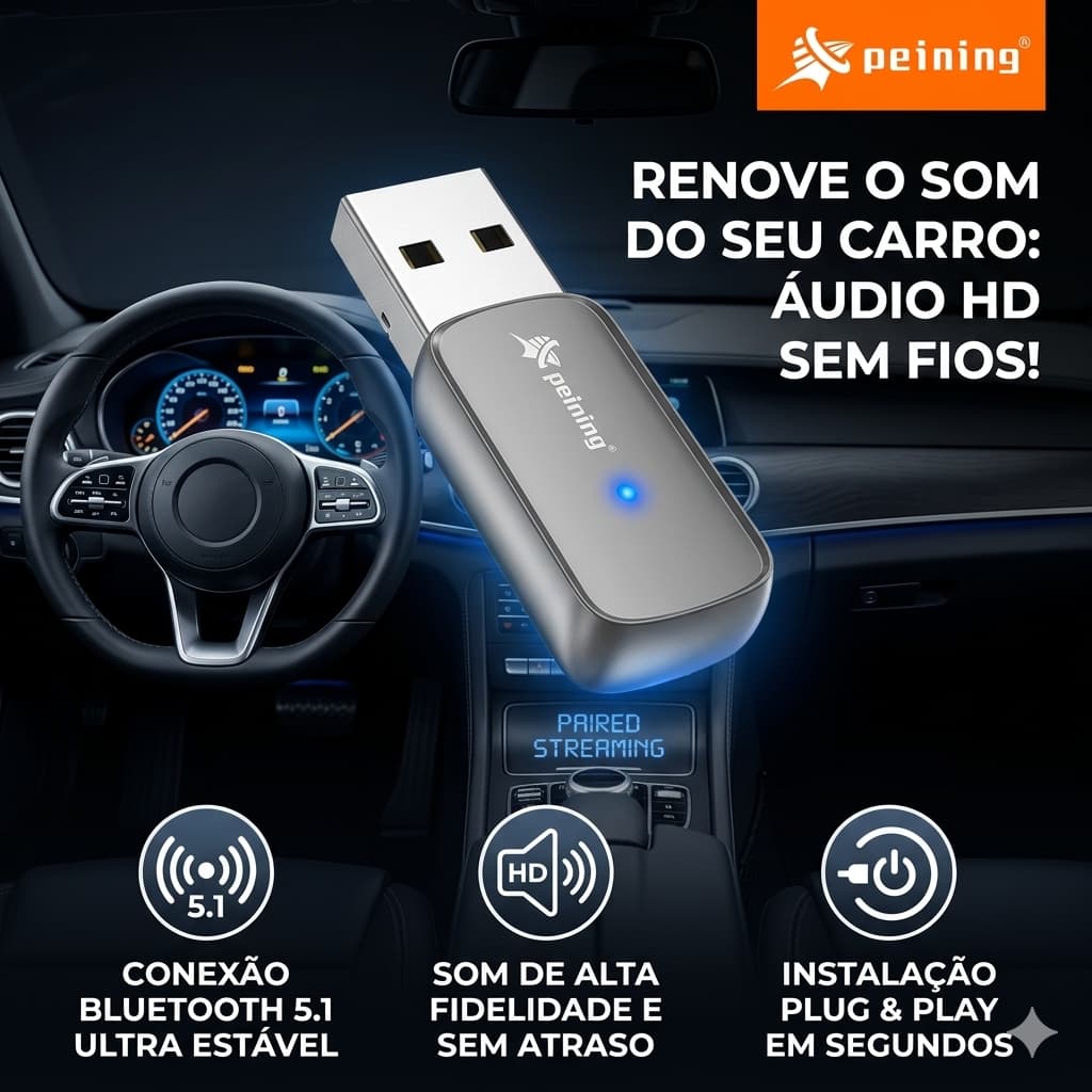 Adaptador Bluetooth PEI-BTA05 USB Automotivo 5.1 Receptor de Música Sem Fio Plug Play para Som e Carro