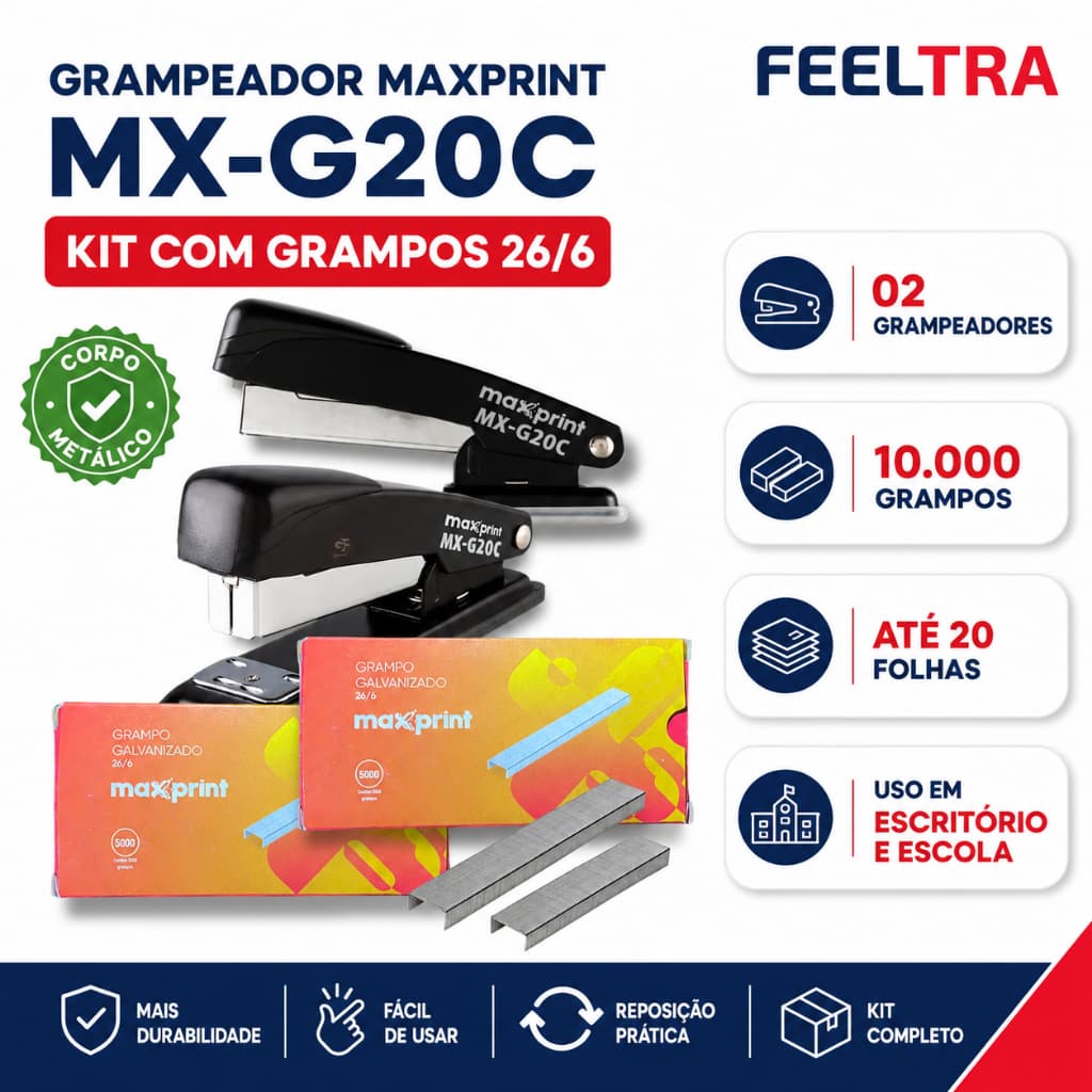Grampo 26/6 Galvanizado Reforçado da Feeltra Para Grampeador: Kit Com 10.000 Unidades