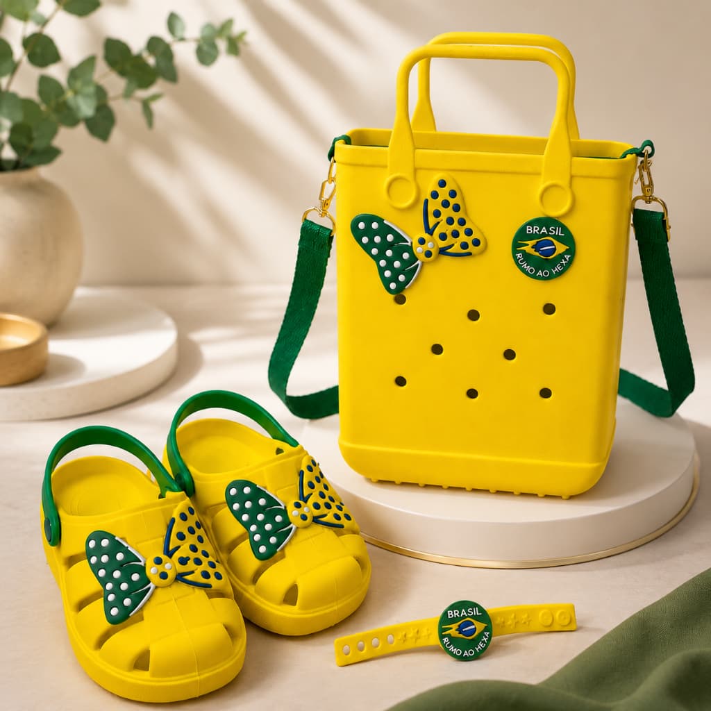 Kit Infantil Brasil Bolsa Injetada Babuche Confortável e Pulseira Amarelo Verde
