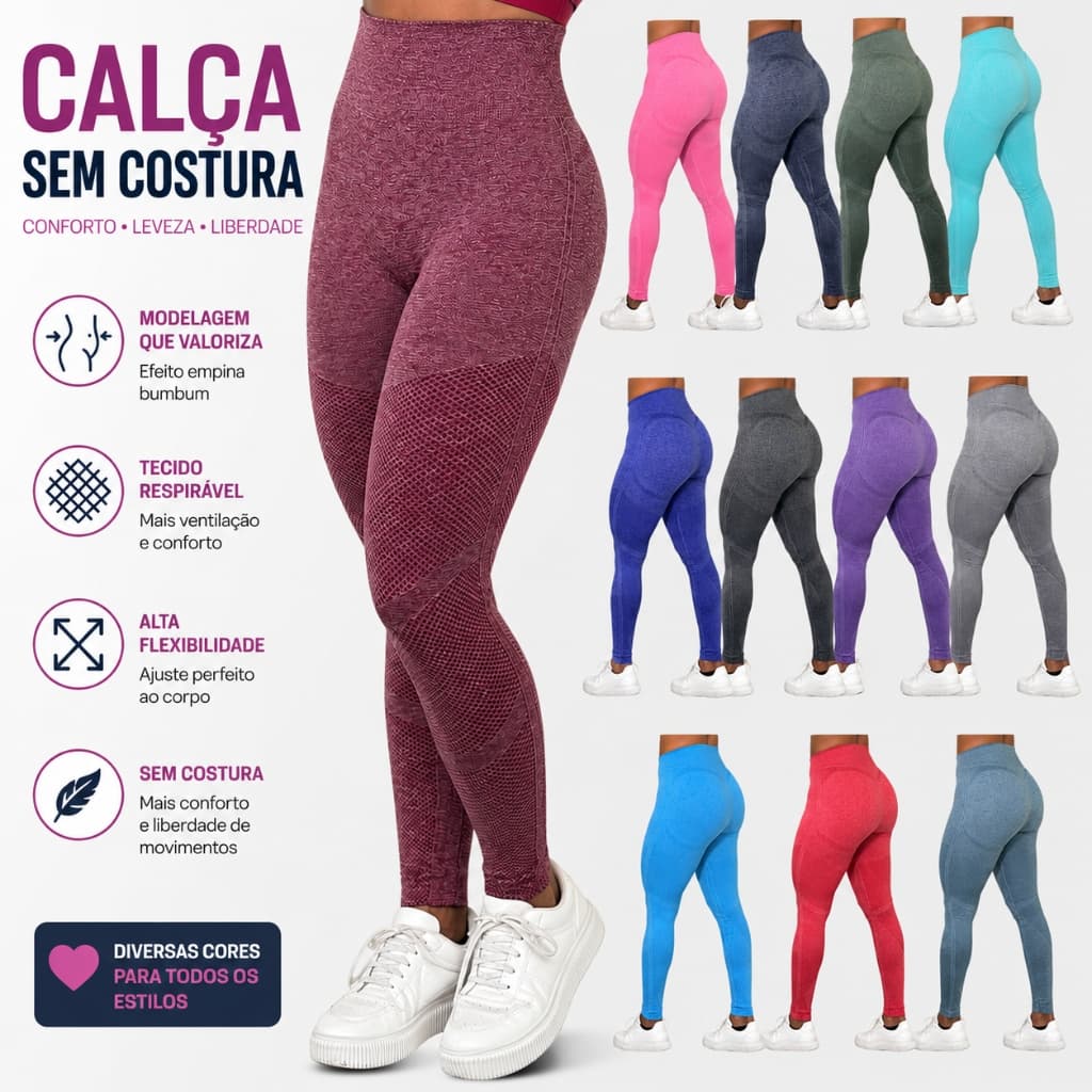 Calça Legging Feminina Academia Fitness Cintura Alta Zero Transparência Levanta Bumbum Modeladora Sem Costura