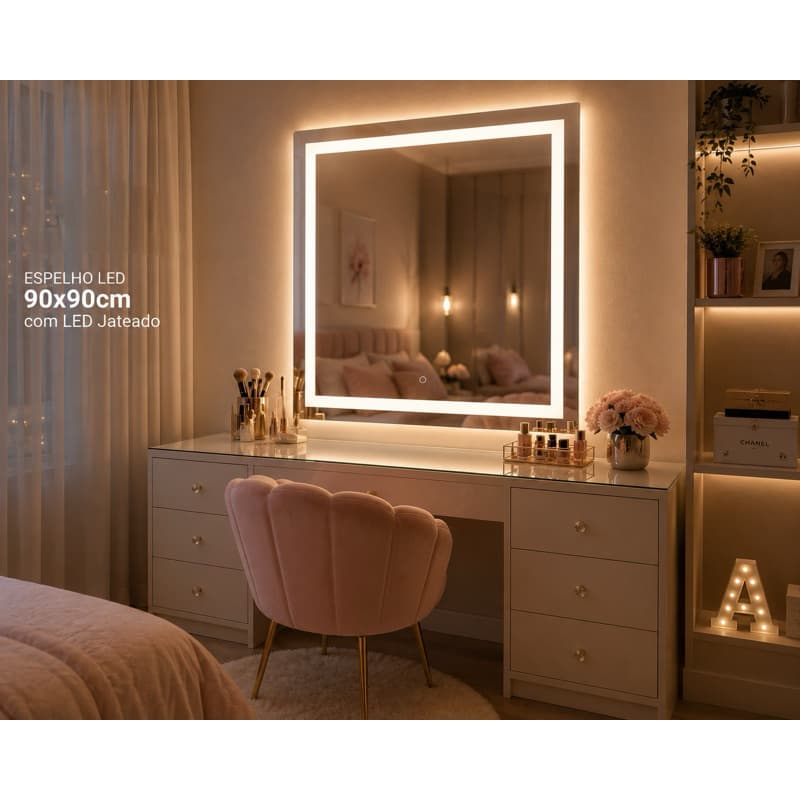 Espelho Com Led Jateado 3 Cores 90x90cm 100x80 De Vidro Para Fixação Em Parede - Banheiro/Quarto