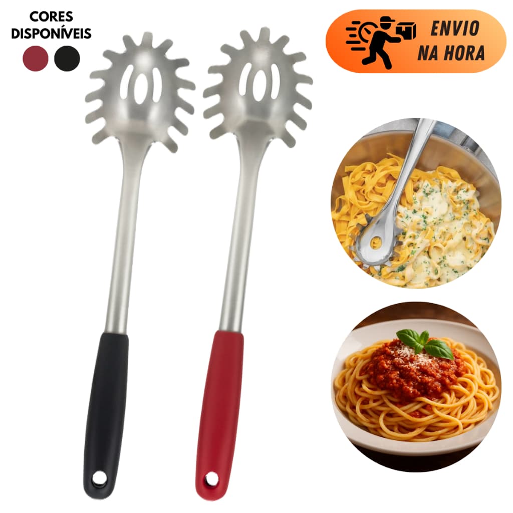 PEGADOR DE MASSAS 29CM AÇO INOX COM CABO PLÁSTICO PRETO VERMELHO UTENSÍLIO COZINHA INOXIDÁVEL
