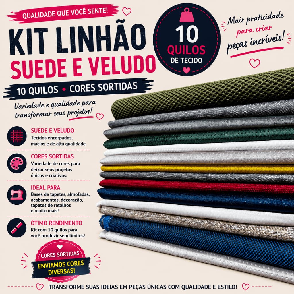 🧵 KIT LINHÃO + VELUDO + SUEDE 10KG | CORES SORTIDAS | BASE TAPETE,ARTESANATO DIY | ENVIO IMEDIATO
