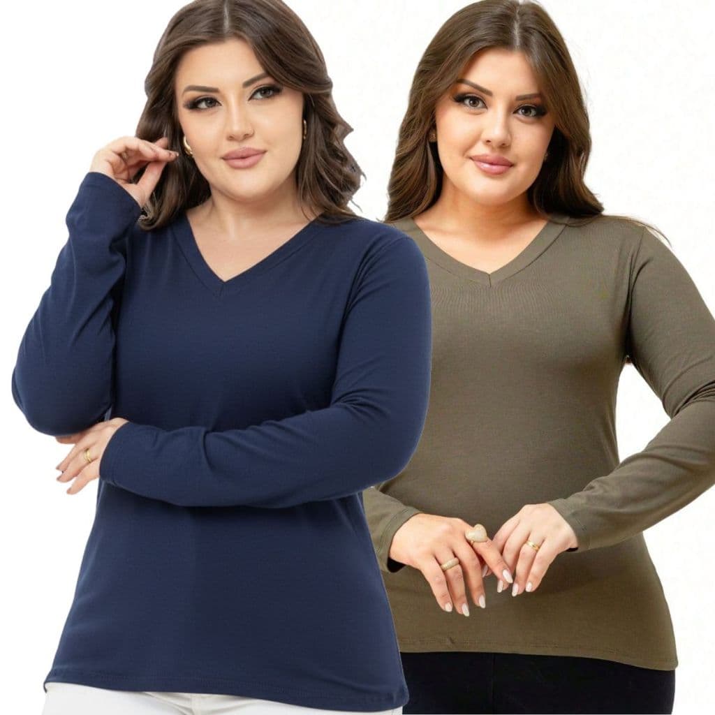 Kit 2 ou 1 Blusa Manga Longa Gola V Feminina Viscolycra Segunda Pele Frio Elástica