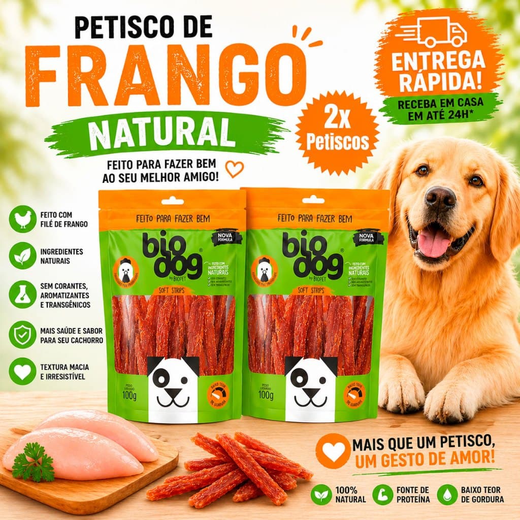 Kit 2 Bifinho Petisco Natural Snack Cães Biodog Biscoito Mordedor Gourmet Soft Strips Frango