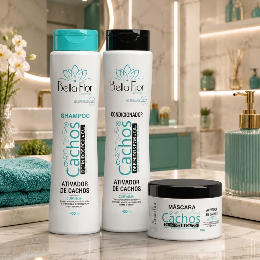 Kit Capilar Cabelos Cacheados Cachos Definidos 2 Produtos Shampoo e Condicionador Bella Flor Definição Anti-Frizz