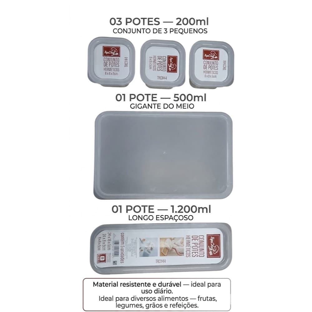 Conjunto 5 Potes Herméticos Top Chef com Tampa BPA Free Organizador de Alimentos