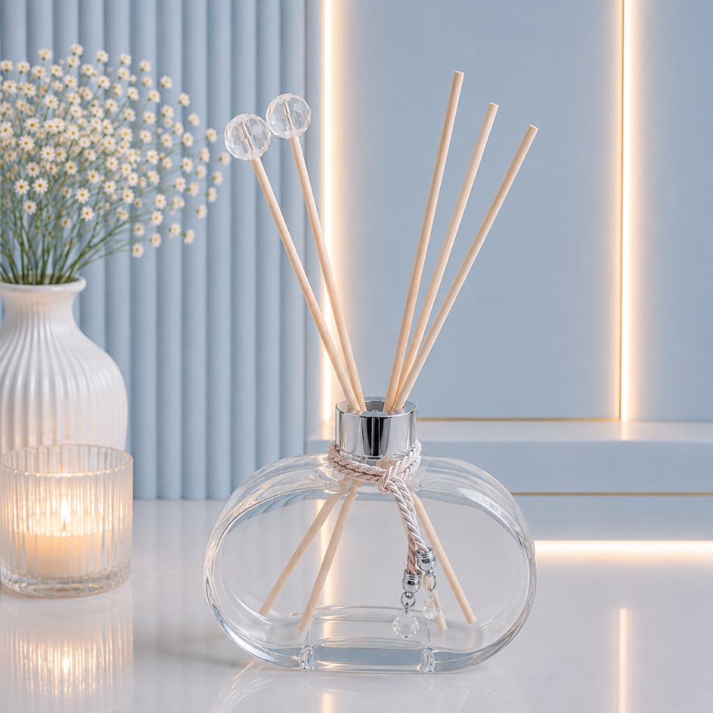 Difusor de Ambiente Luxo – Frasco Oval de Vidro Transparente com Detalhes Dourado, Prata ou Rosé