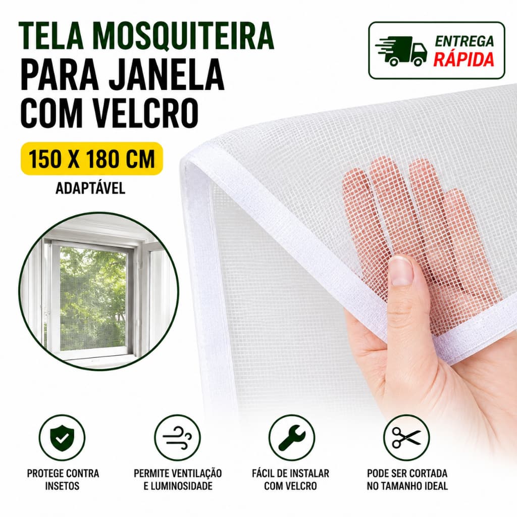 Tela Mosquiteira  com Velcro Para Janela 150 x 180 cm Lavável Removível Contra Pernilongos Insetos Baratas